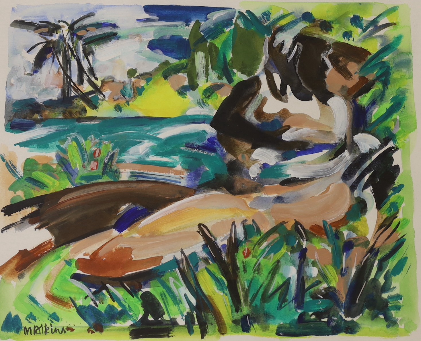 Malkins, mixed media on paper, Caribbean lovers, signed, 34 x 41cm